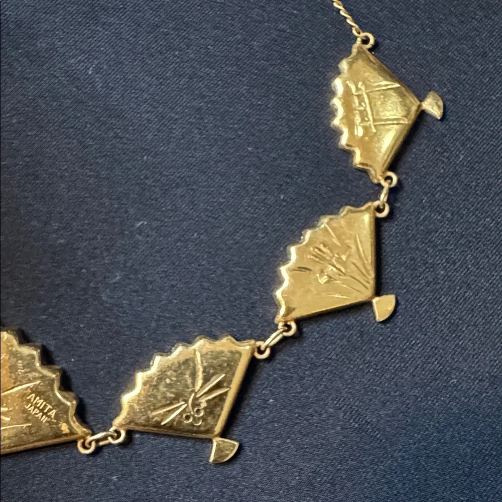 Japanese Amita Damascene fan shaped necklace,